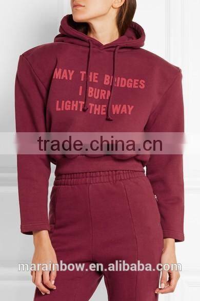 Burgundy Printed Cotton-blend Jersey Hooded Top OEM Ladies Cropped Top Hoodie High Quality Womens Tracksuits Top