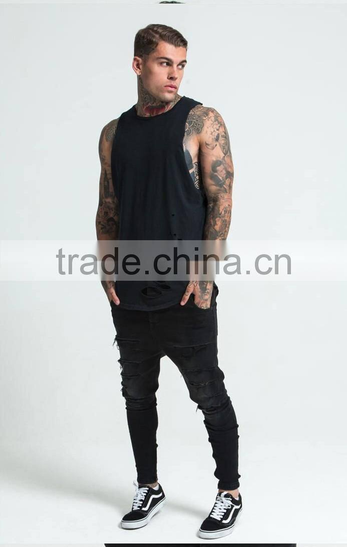 New in distressed tank top 100% cotton safety vest curved hem top