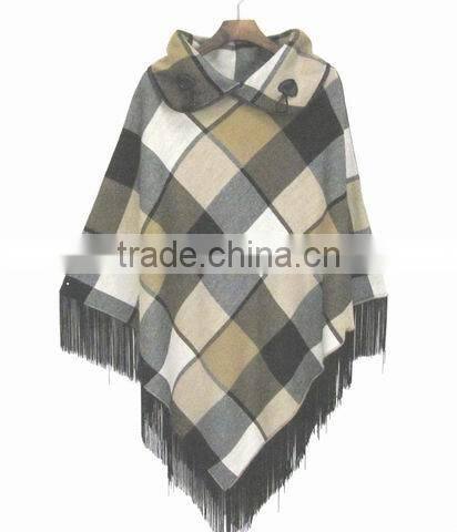 china supplier intarsia knit sweater poncho with fringe