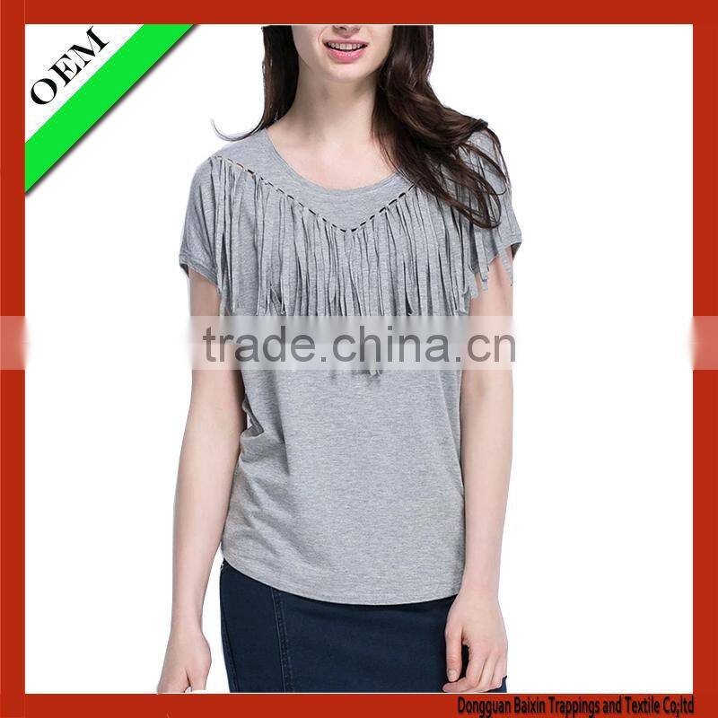 2015 100% cotton t-shirt women fringe t-shirt OEM