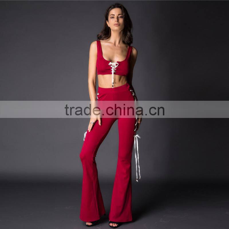 Runwaylover 100 New Fashion 2017 Ladies Suits , Women Sexy Crop Tops And Hollow Out Flared Pants