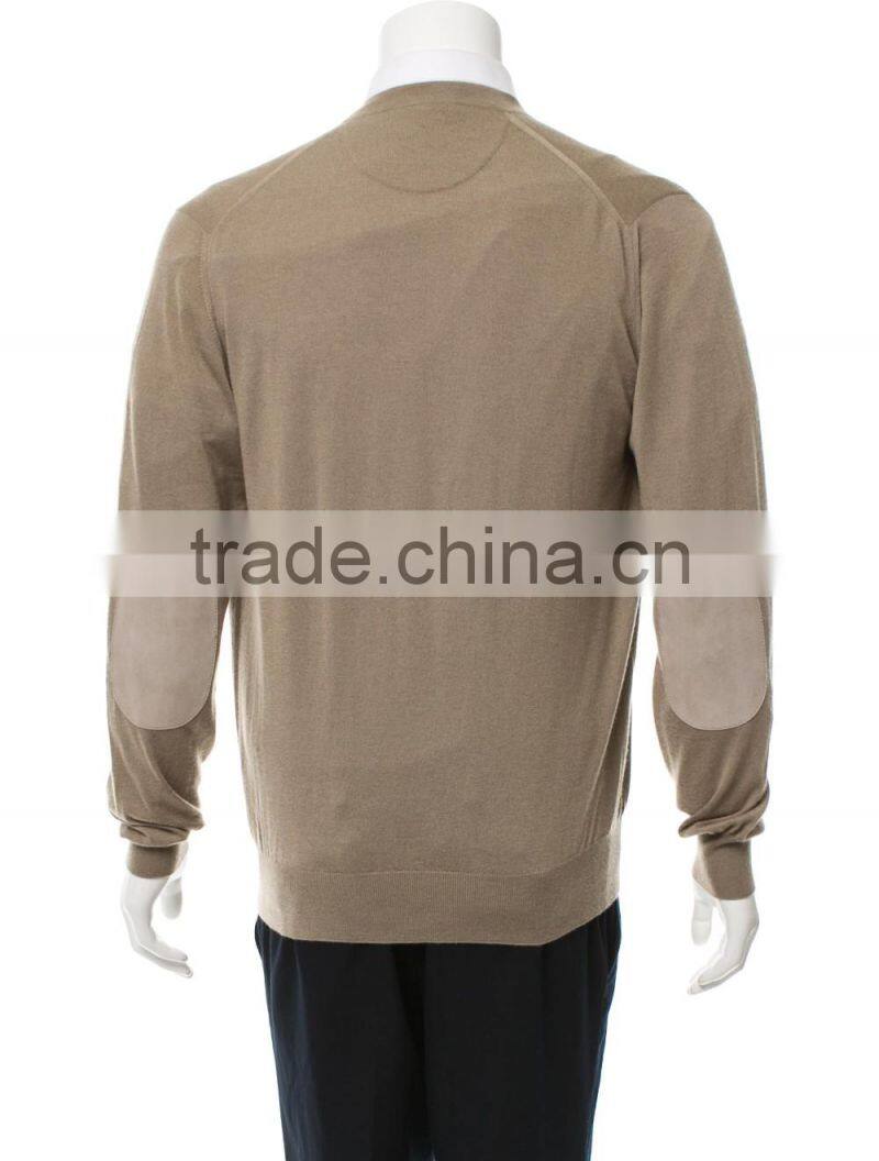 High Quality Light Weight Knitted Yellow Button-Closured Cashmere Sweater Men with Sleeve Patches
