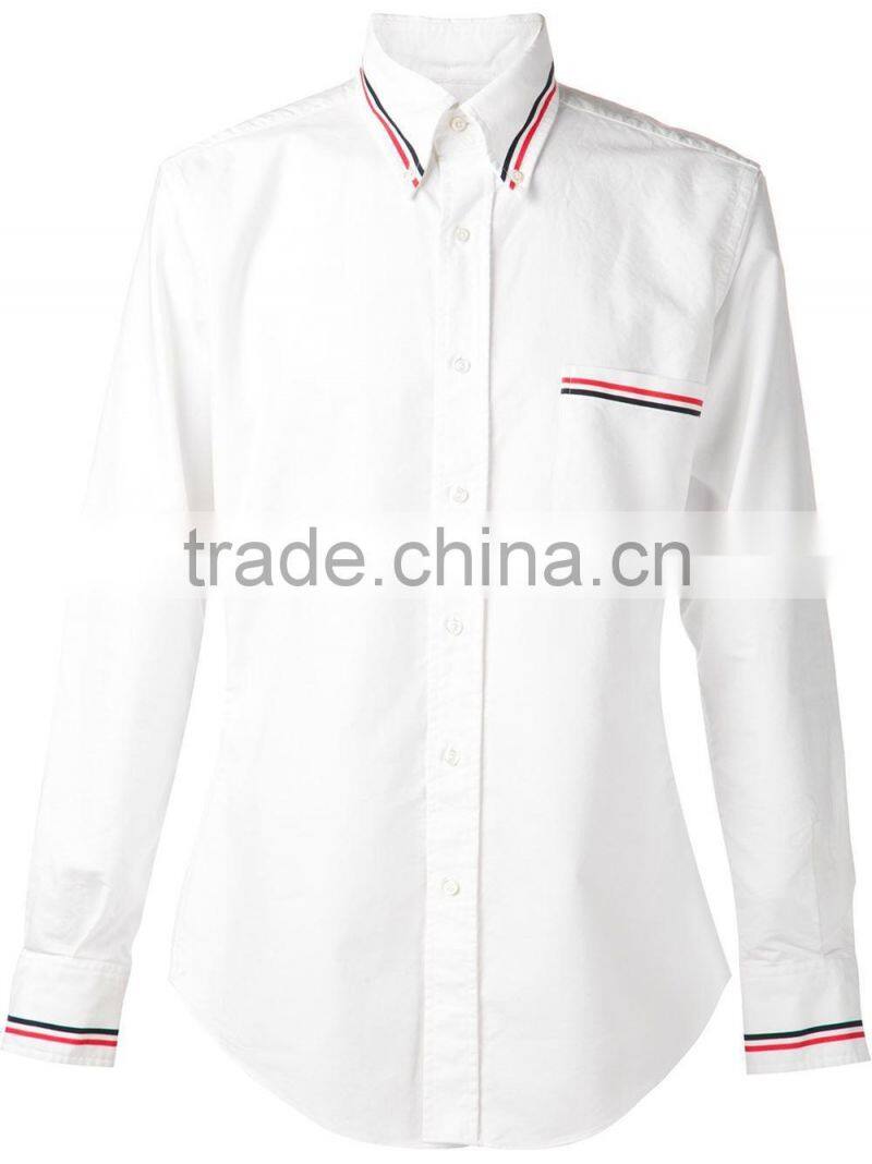men's striped trim curved hem white long sleeve shirt