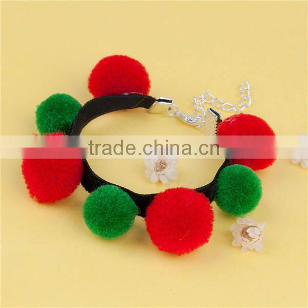 Best Selling Silver Plated Christmas Red & Green Pom Pom Ball Cashmere & Velveteen Bracelets
