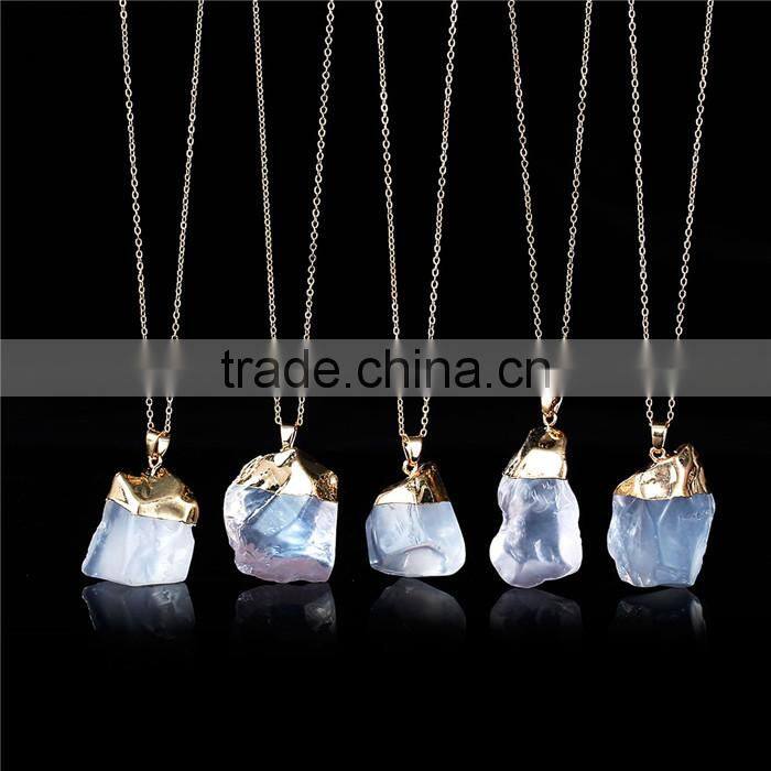 New Fashion Copper Link Cable Chain Gold Plated Clear Natural Quartz Jewelry Pendant Crystal Druzy Necklace