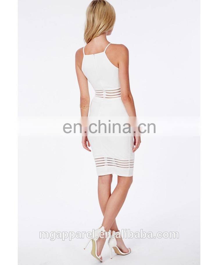 hot sales summer sexy strappy mesh detail white bodycon midi dress