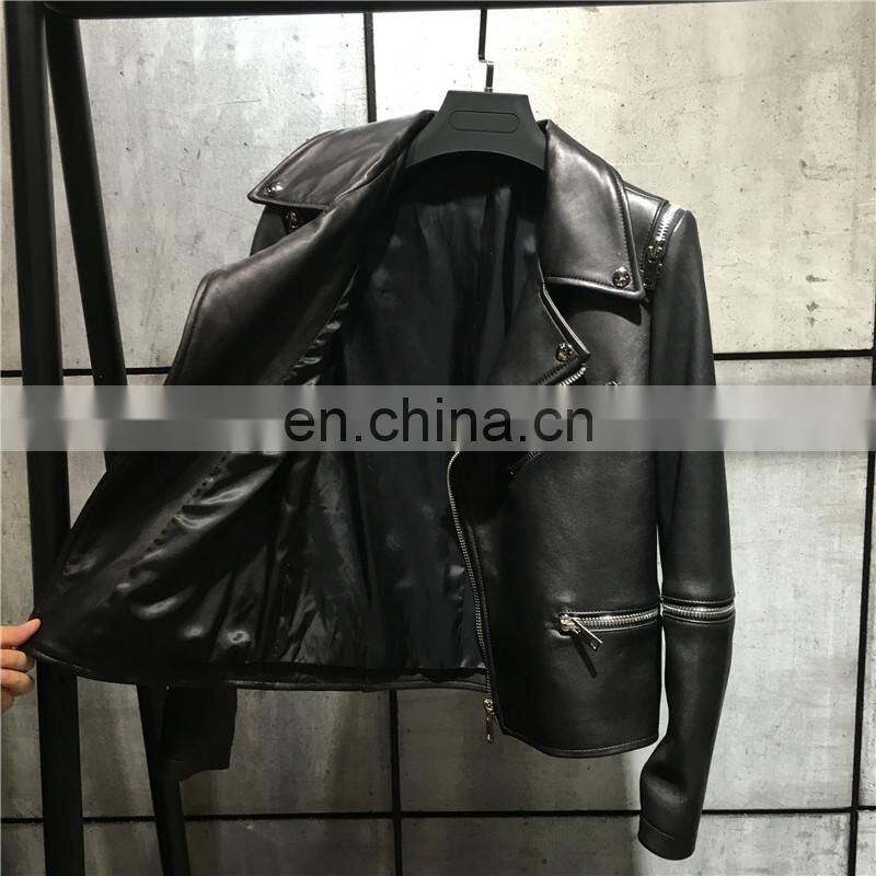 Women Short Sheepskin Biker Jacket Slim Natural Lambskin Coat Leather Jacket 100% Genuine
