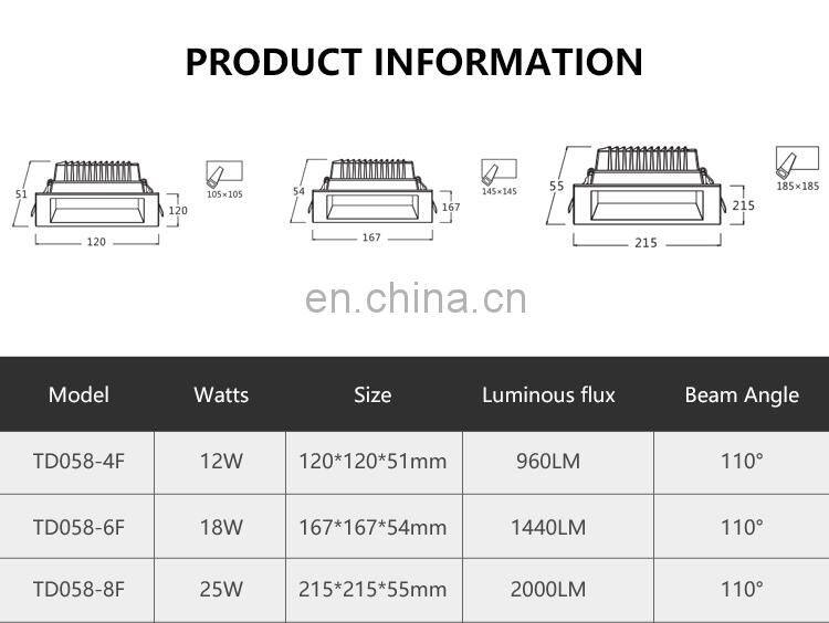 ALLWAY Modern Design Square Shape Wide Beam Angle Home Office Hotel 12W 18W 25W Led Slim Downlight
