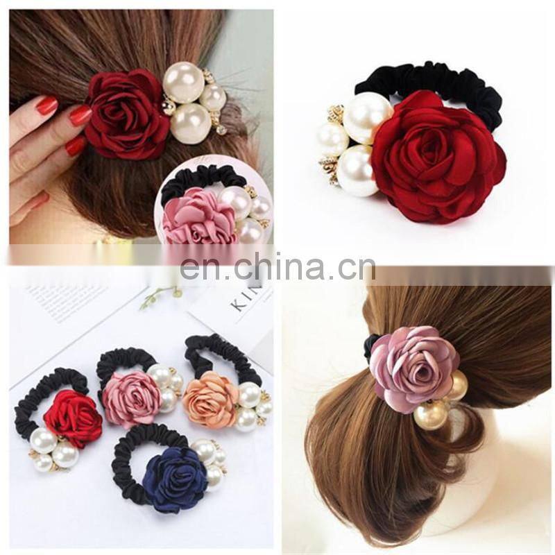 Women Fashion Style Big Rose Flower Pearl Rhinestone Hair Bands Elastic Hair Rope Ring Hair Accessories