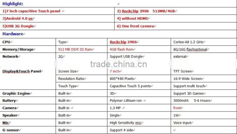 New 7 " Android 4.0 os , Cortex-A8 1.2 GHz , 512MB/4GB, 800*480 Pixels , 3000mAh Battery Tablet PC , Support USB 3G Dongle