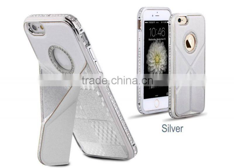 Luxury Plaid Pattern Cowhide Leather Back Cover with Kickstand Diamond Chrome Edged Bumper Hard Case for Iphone6 6plus