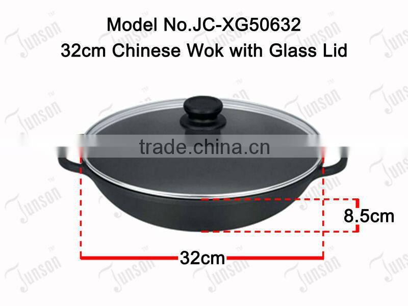 32cm Die Casting Aluminum Chinese Wok/Non-stick Chinese Woks with Glass Lid