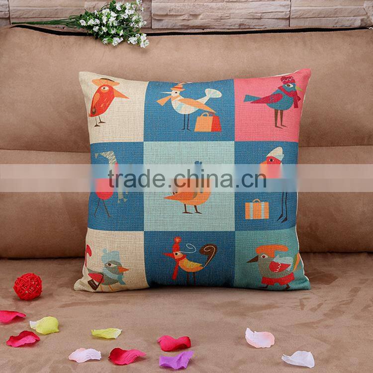 2015 Cotton and linen hold pillow Cartoon illustration wind happy bird cushion cover