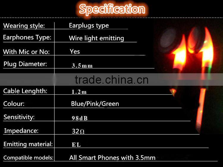 Shining Crazy Selling EL Flowing LED Light Earphone with microphone as Newst Promotion Gift gfactory directly supply