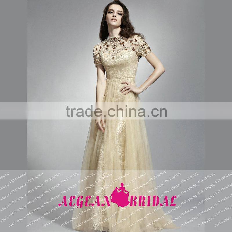 HT74 NEW Fashion Elegant High Neck Short Sleeve Prom Dresses Beaded Crystal A-line Floor Length Vestido Longo Azul