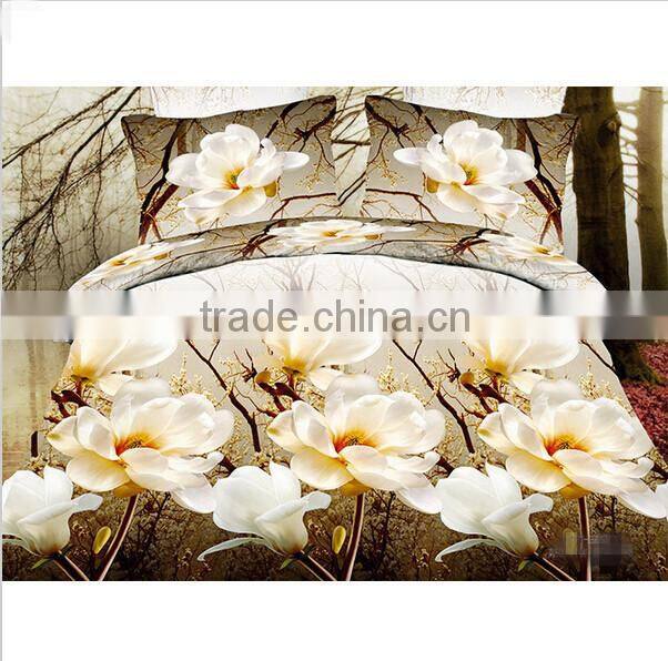 Luxury 2015 beautiful flower printed 3d duvet cover set fabrics king size plain white 100% cotton bed sheet wholesale
