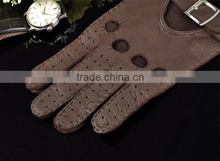 Top luxury buckle hand sewing breathable driving gloves dark brown deerskin leather gloves for men