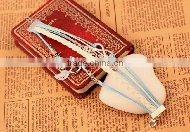 Fashion Vintage Leaf bird Infinity Cross Owl leather bracelet Multilayer leather bracelet