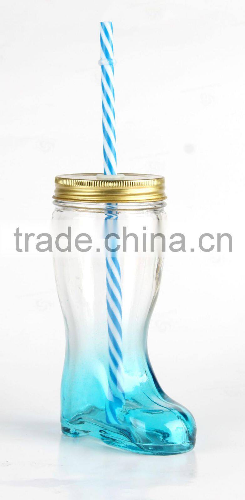 Colorful hot selling boots shape glass jar,juice jar