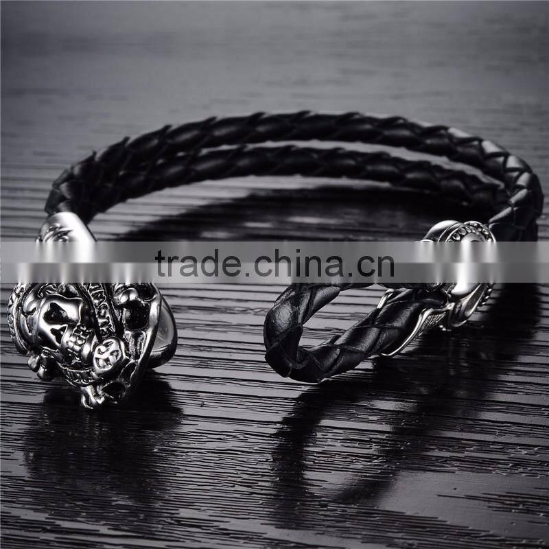 New trending skull style stainlesss steel genuine leather bracelet men