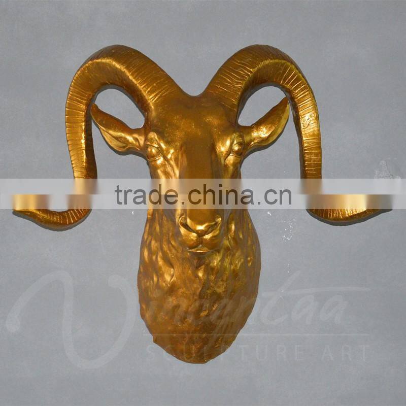Hiagh quality crafts life fiberglass golden sheep head wall hanging statues for home decor