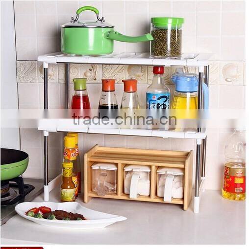 Kitchen telescopic plastic sink storage shelf rack/stainless steel kitchen storage rack