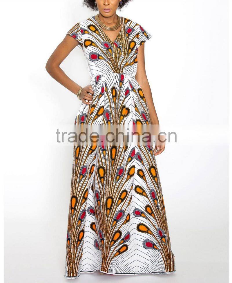 White Peacock Feathers African Print Patterns Faux Wrap Maxi Dress African Dashiki HSd5030