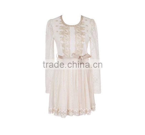 Women's your own brand designer ladies' loose fit pleated lace korea summer fashion dress with hollow sleeves