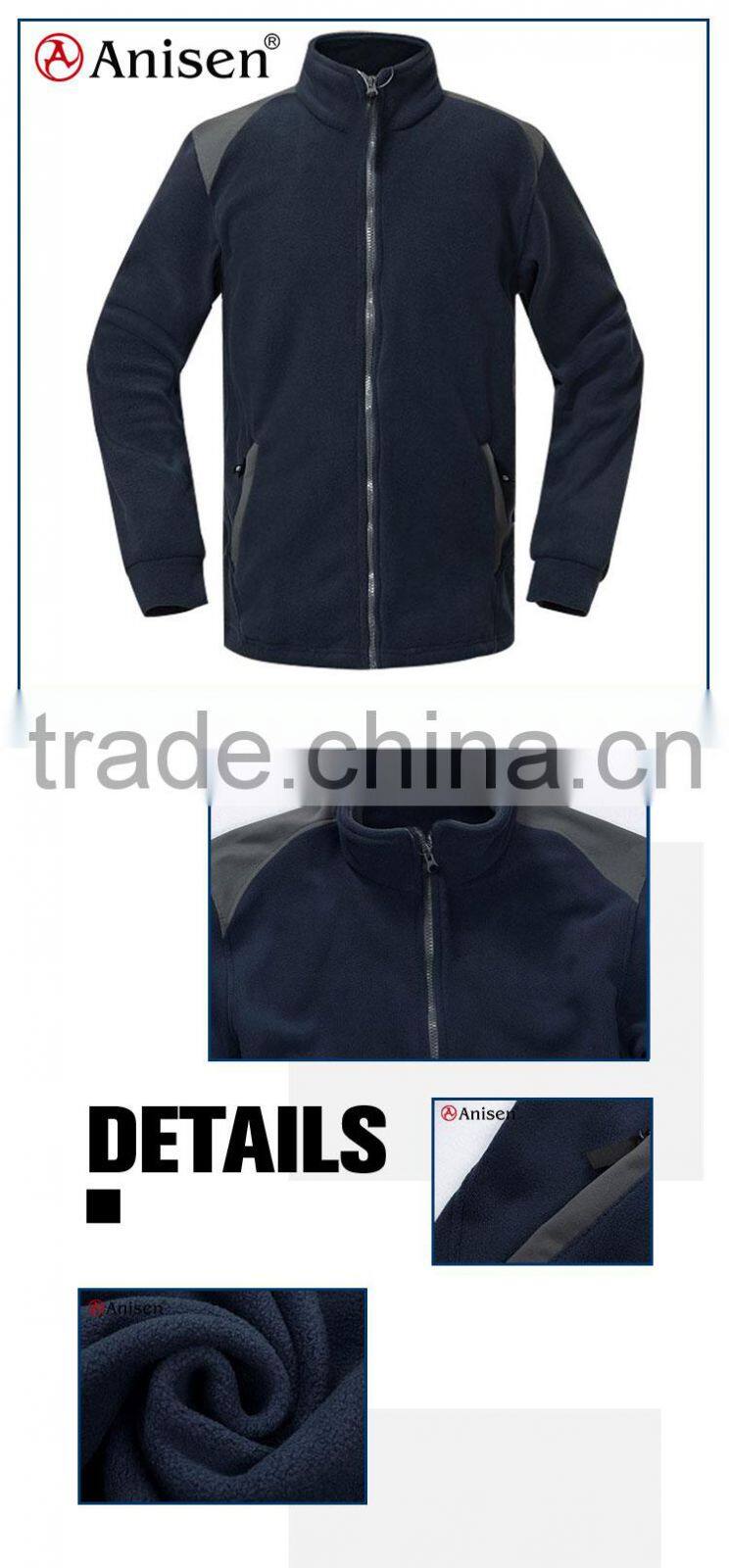 oem service windproof zipper-up long sleeves dark blue plain polar fleece men' coat