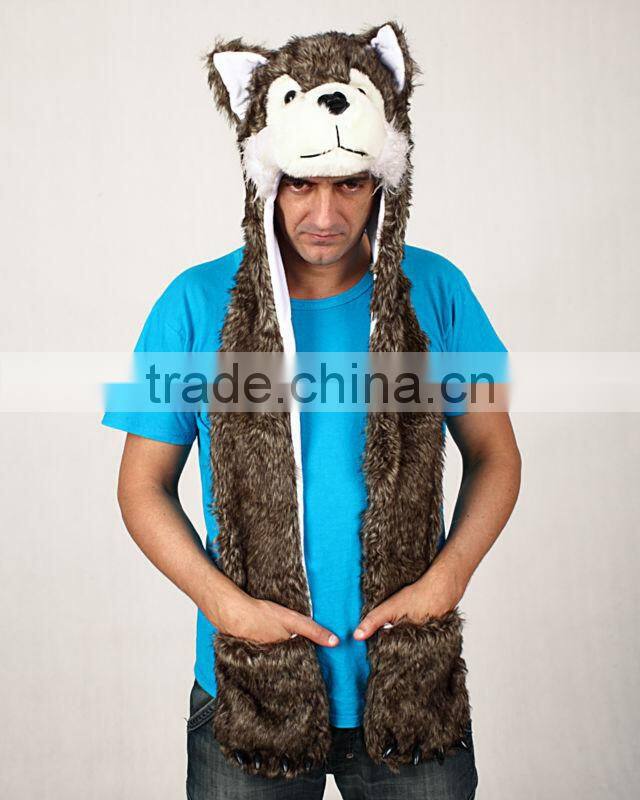 PLUSH ANIMAL HOODED SCARF FAUX FUR WOLF HEAD HAT