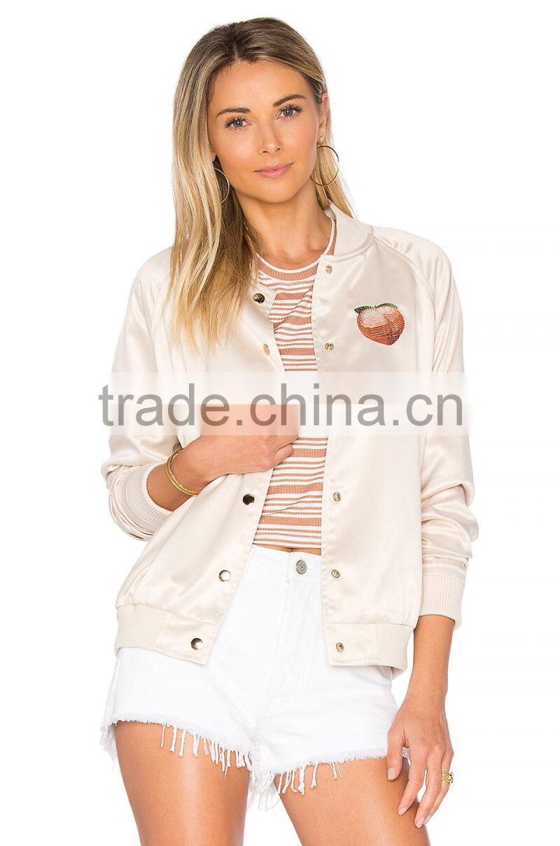 2017 MGOO Customize Satin Bomber Jacket Peachy Embroidery Windbreaker Sports Jacket For Women Clothing Manufacturing