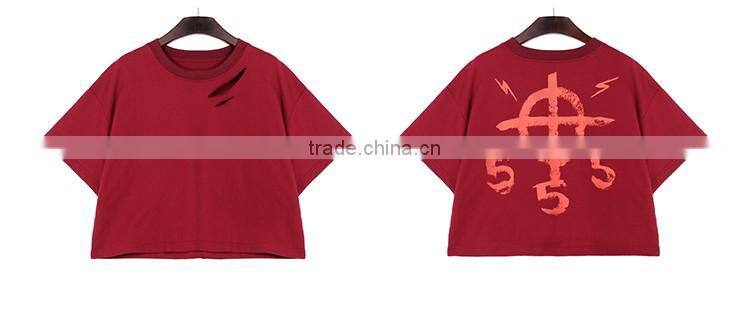 Wholesale Custom T Shirt Manufacturer Women thin 100%cotton short sleeve ripped t shirt with distressed