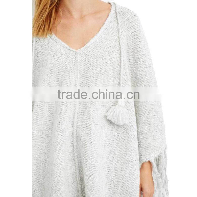 Tasseled plain pullover mohair blend knitted winter sweater ladies poncho