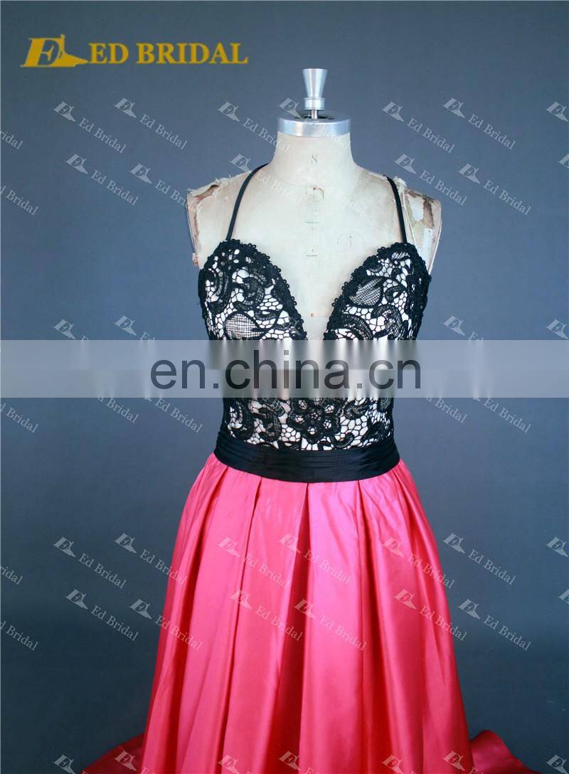 LN144 Real Sample Sexy Backless Criss Cross Spaghetti Straps Black Lace Top Fuchsia Prom Dress Patterns