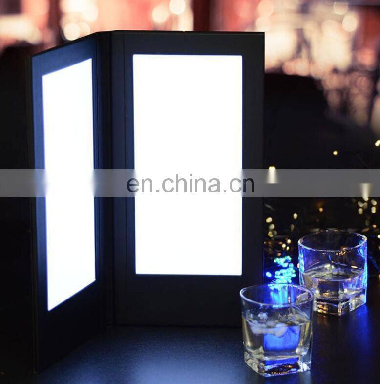 3 pages lighting foldable portable battery operated acrylic material led restaurant menu
