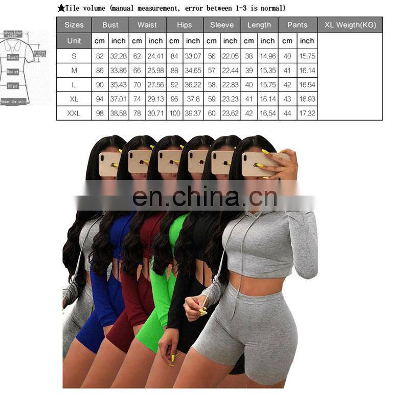 Manufacturer wholesale women's casual sexy hooded shorts sports fitness 2-piece suit custom hoodie crop top