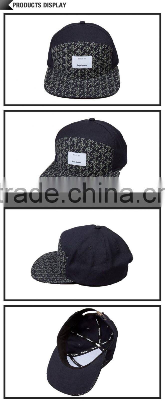 custom 5 panel hat and camo flat peak and leather strap fabric for summer hat