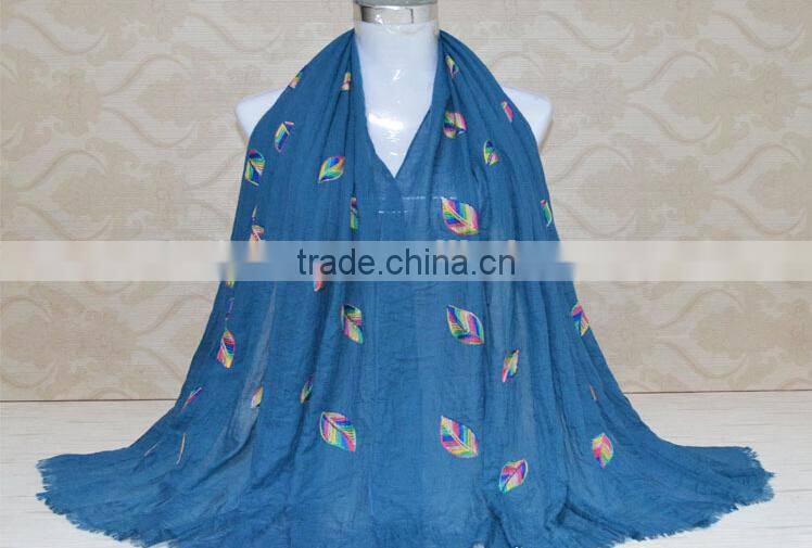 New Style Korea Lady Fashion Cotton 3D Colorful Leaf Embroidery Viscose Shawl