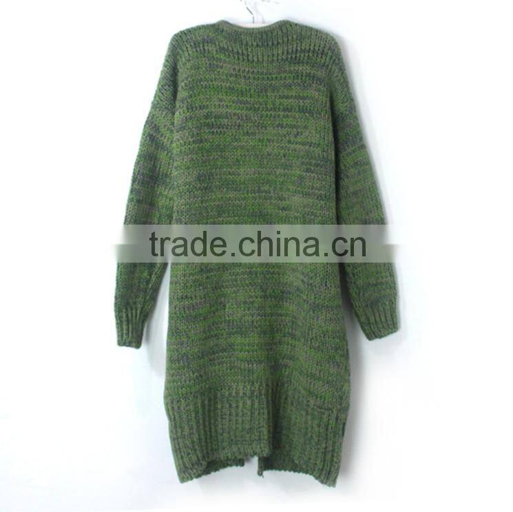 Deep v-neck knitting long coat lady long sleeve pocket casual sweater cardigan