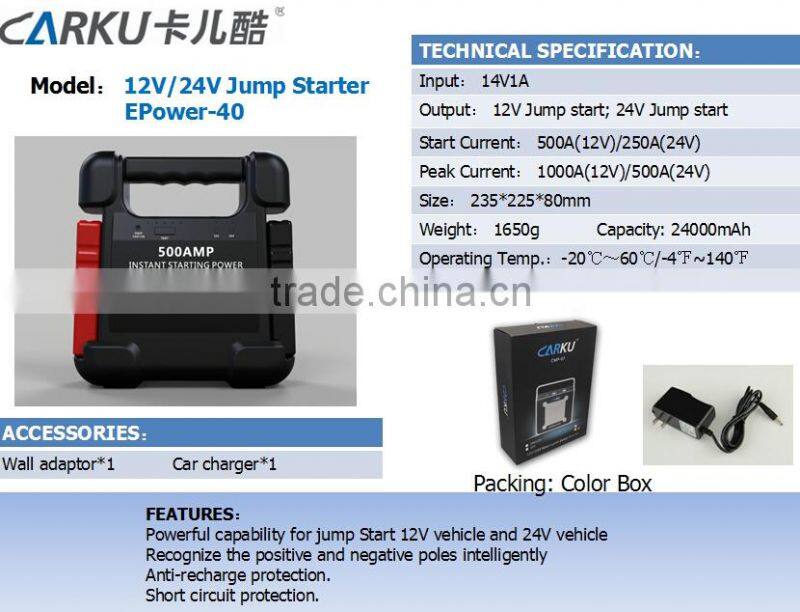 Biggest solid capacity 24000mah 88.8 WH 12-24 auto switch especially for jumping 24v trucks Epower-40