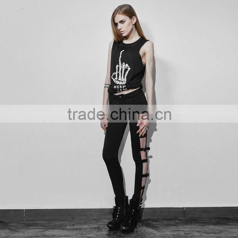 PK-060 Black sexy women adjustable buckle elastic waistband skinny hollow out pants
