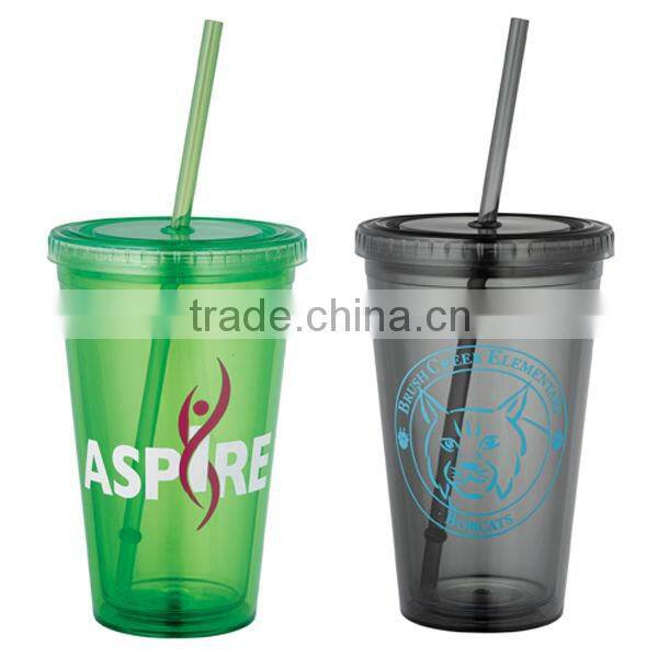450ml/16oz BPA free plastic double wall tumbler with straw