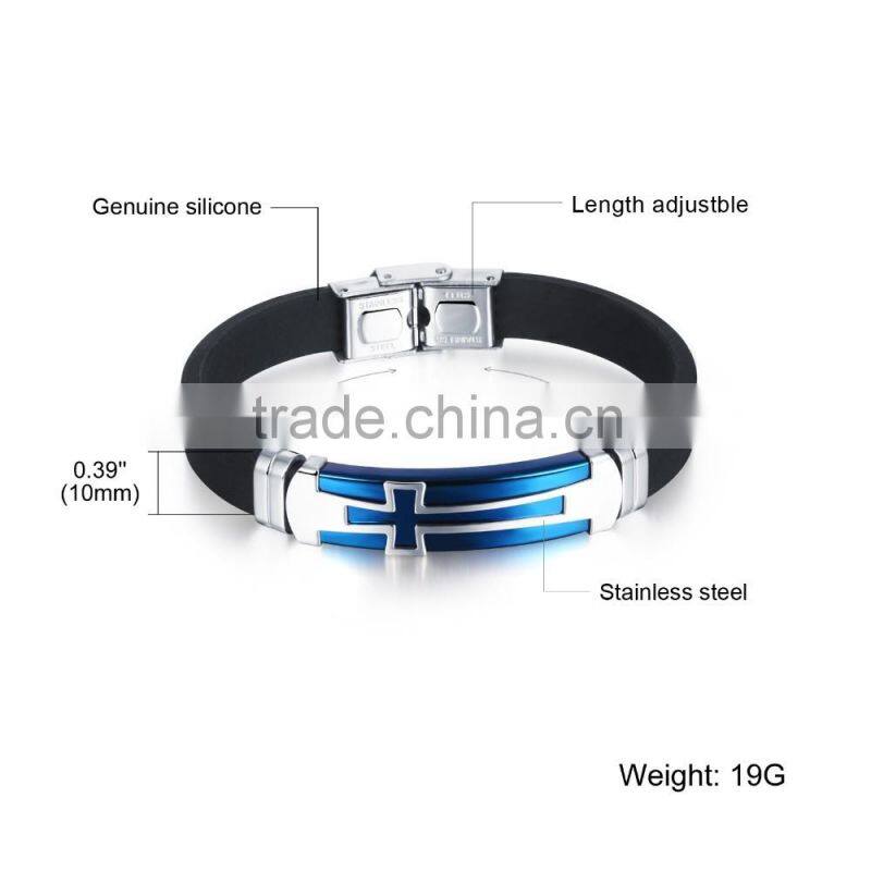novelty products chinese blue plating cross black silicone bracelet with logo