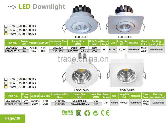 230V 3W RA > 80 210 Luminous 38 Degree 1 Pc Cob Led Downlight