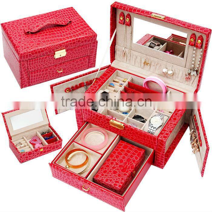 Fancy luxury jewellery storage red jewellery box with mirror for earrings, necklaces and rings, cheap mirror jewellery gift box