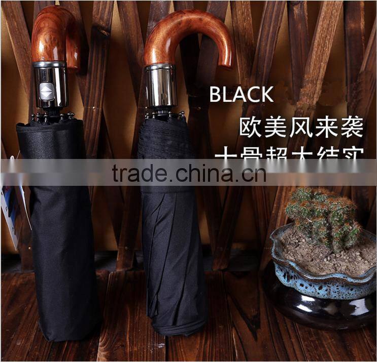 High quality Curve wooden handle pongee foldable umbrella,customized strong 3 fold auto open umbrellas for man