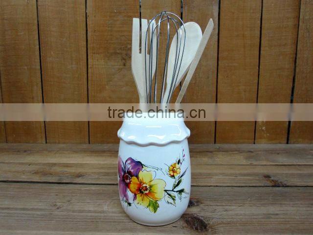 Elegant Flower Decal Ceramic Cake /Fruit Serving Plate with Wooden Stand for Party