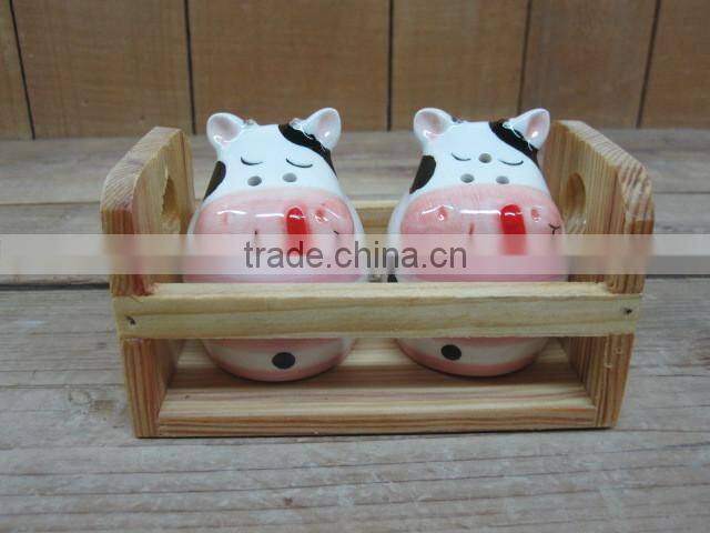 ceramic cute cow salt and pepper shaker set with wood