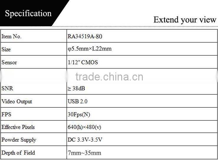 7mm~35mm focusing length 80 degree view angle 5.5mm usb camera mdoule with waterproof case