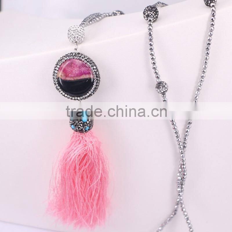 Pave Crystal Agate Tassel Pendant Necklace, with Hematite Gem stone Beaded Necklace